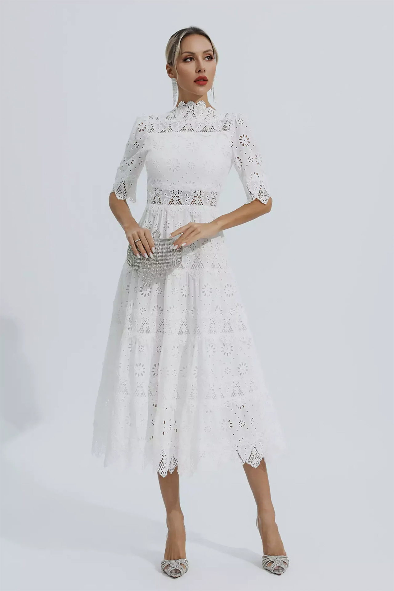 Isla White Hollow Half Sleeve Midi Dress - Image 4