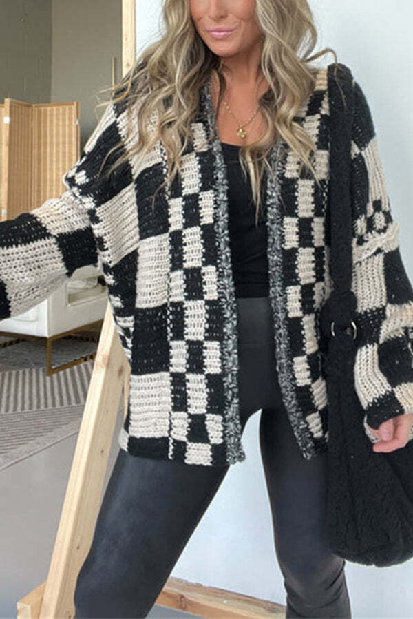 Casual Plaid Mid-length Loose Knitted Outerwear - Image 8