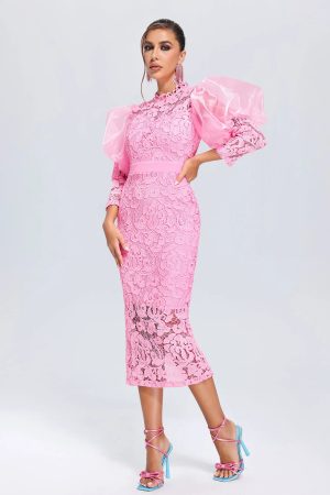 Vercia Puff Sleeve Lace Midi Dress In Pink