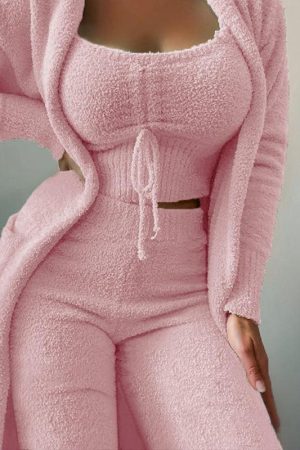 Plush Three Piece Lace Up Pajama Set Casual Suit Home Wear