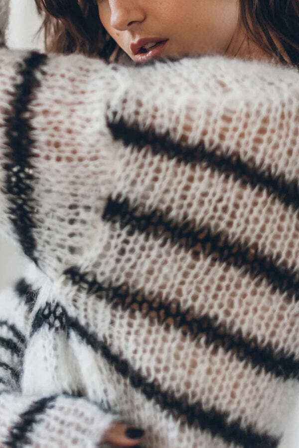 Time for Warmer Layers Fluffy Stripes Relaxed Knit Sweater - Image 7