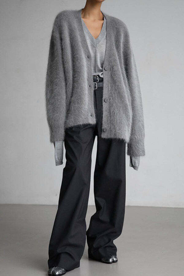 Solid Color Loose V-neck Long-sleeved Lazy Knitted Cardigan - Image 9
