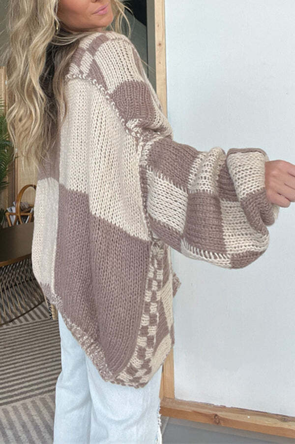 Casual Plaid Mid-length Loose Knitted Outerwear - Image 17