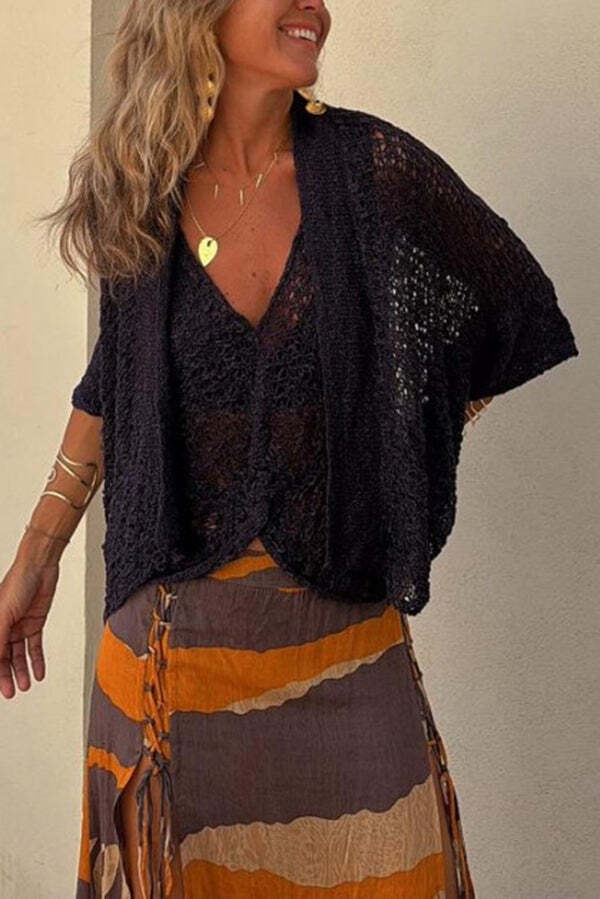 Fashionable Vacation Knit Hollow Bat Sleeve Loose Cardigan - Image 12