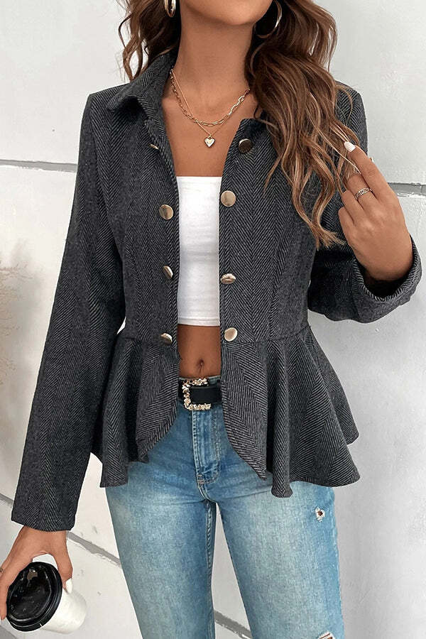 Devon Tweed Lapel Double-breasted Ruffle Hem Slim Blazer - Image 9