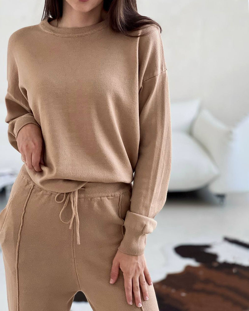 Casual round neck top and carrot pants knitted two-piece set - Image 5