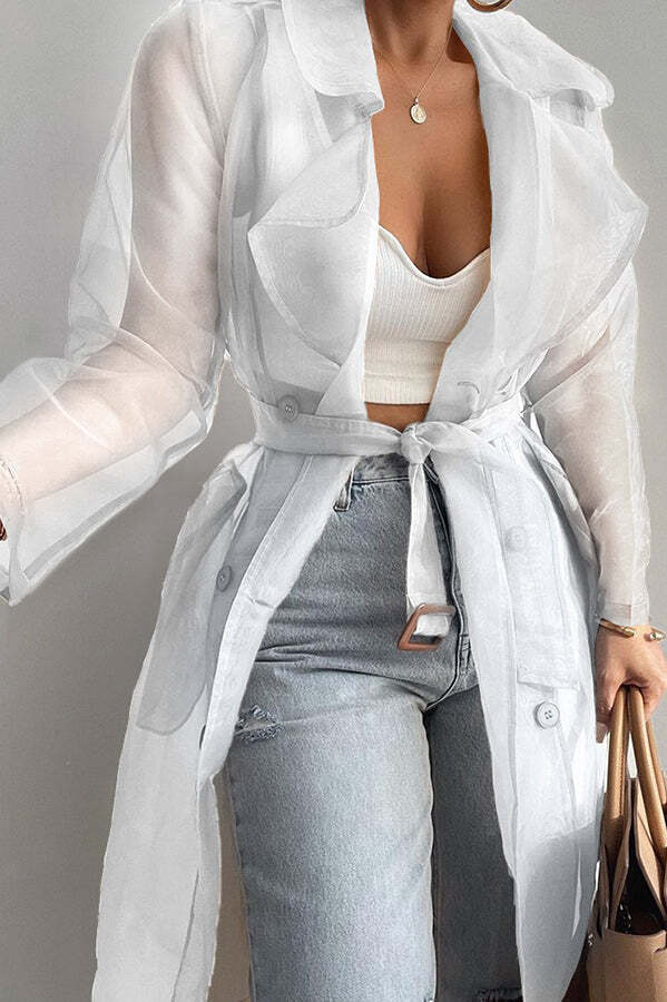Solid Color Patchwork Button Belt Pocket Long Sleeve Coat - Image 2