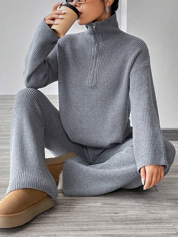 Knitted Sweater With Zipper And Knitted Pants Set With Dropped Shoulders - Image 4