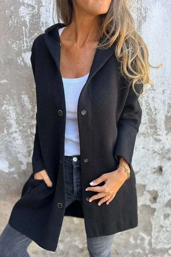 Solid Color Casual Long Sleeve Single Breasted Hooded Jacket - Image 3