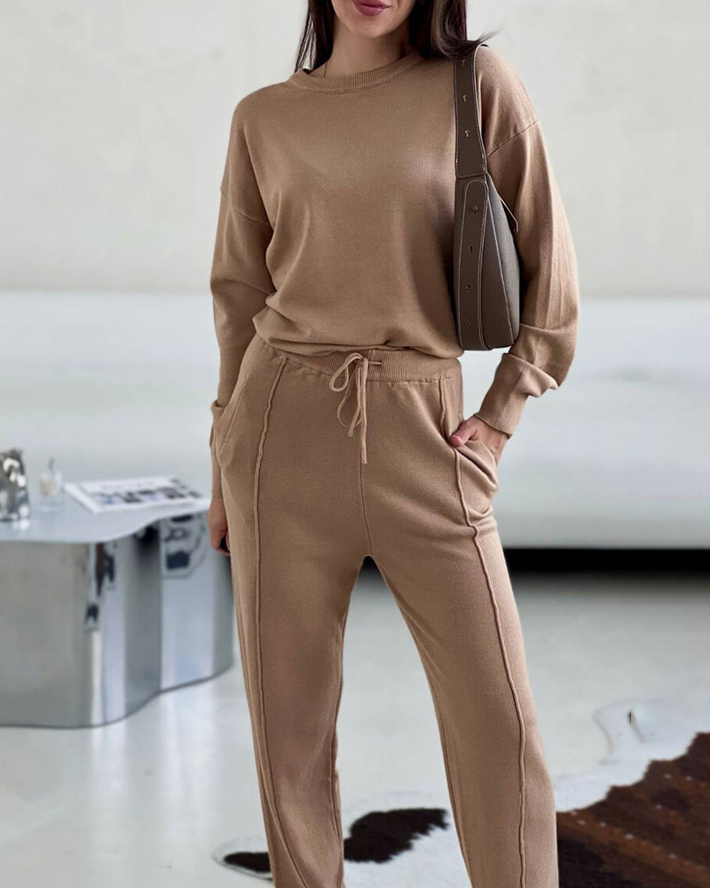 Casual round neck top and carrot pants knitted two-piece set - Image 4