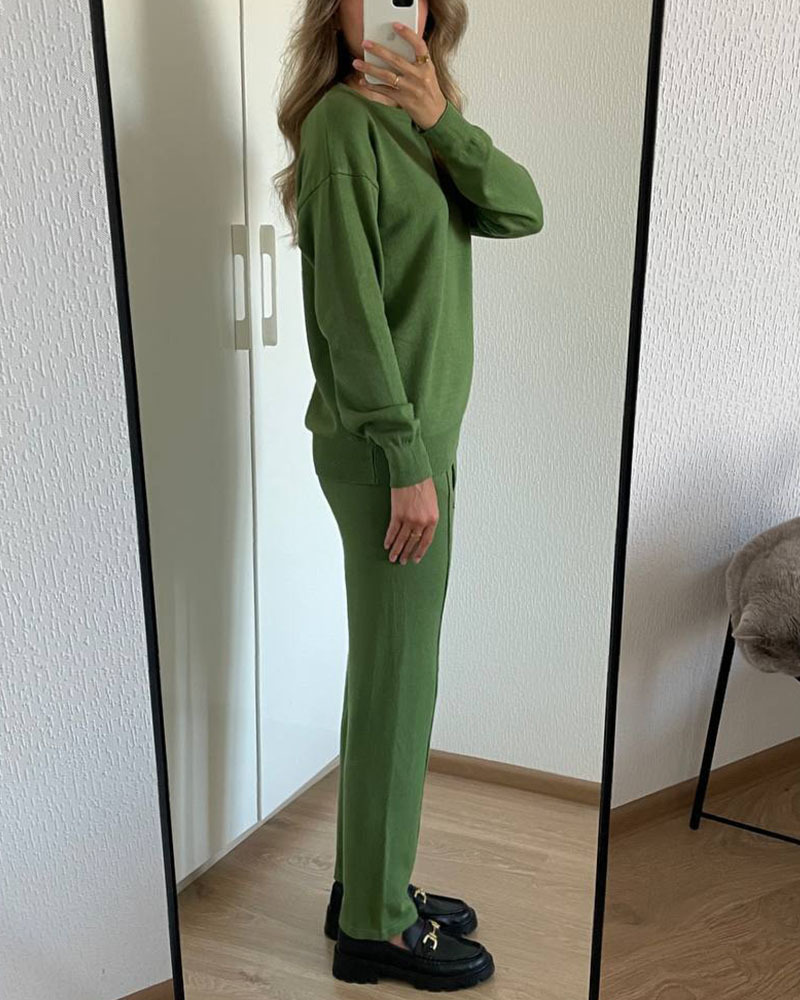 Casual round neck top and carrot pants knitted two-piece set - Image 13