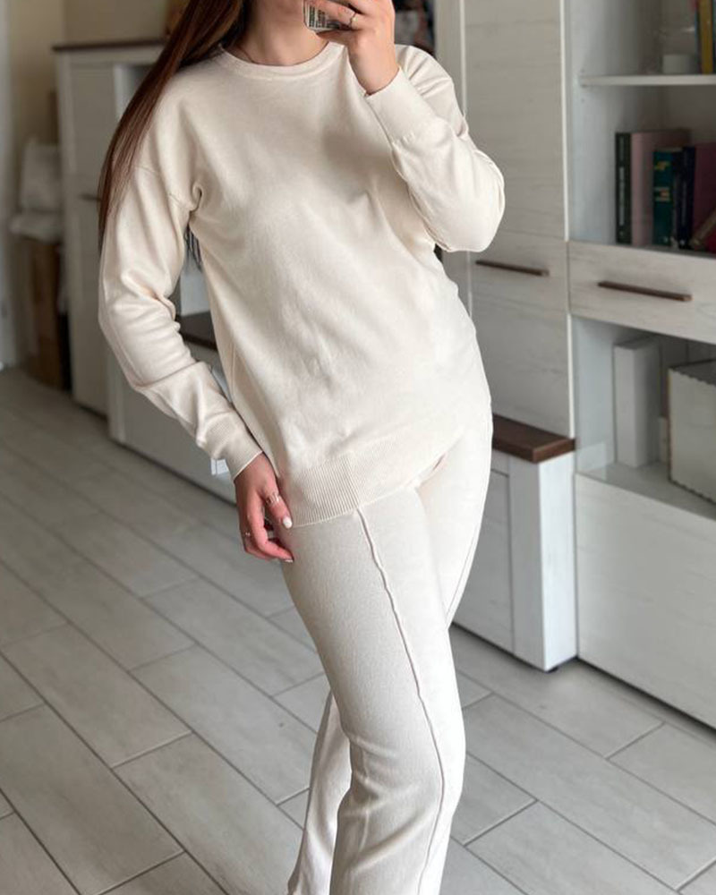 Casual round neck top and carrot pants knitted two-piece set - Image 9