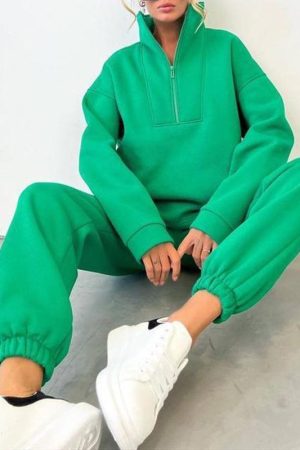 Women's long-sleeved stand-up collar zipper sportswear casual two-piece set