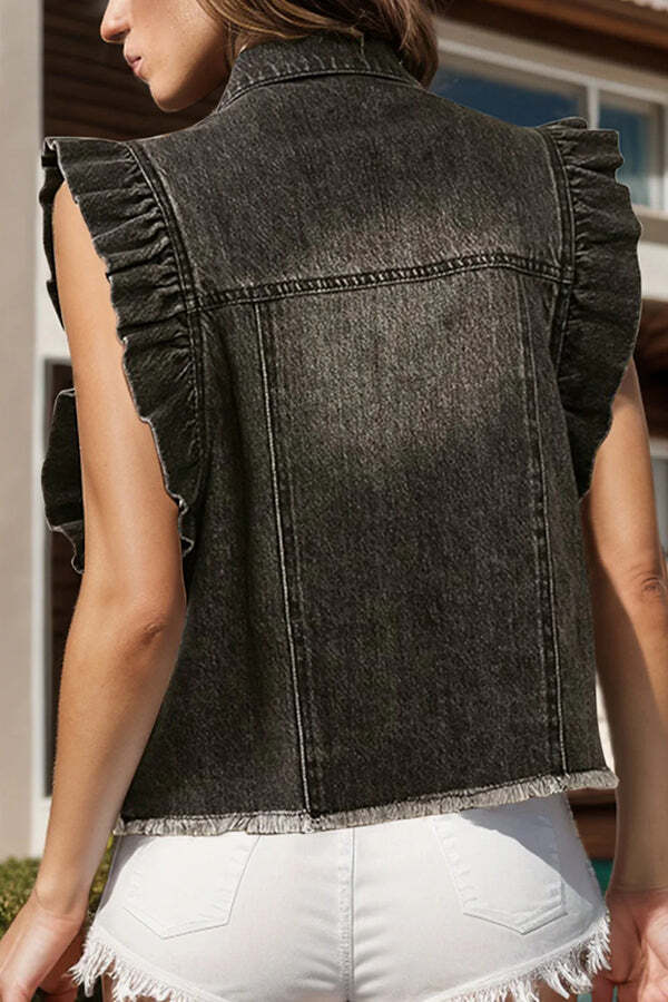 Stylish Lapel Single-breasted Ruffle Sleeve Loose Denim Jacket - Image 9