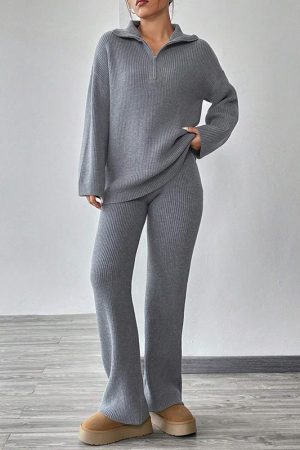 Knitted Sweater With Zipper And Knitted Pants Set With Dropped Shoulders