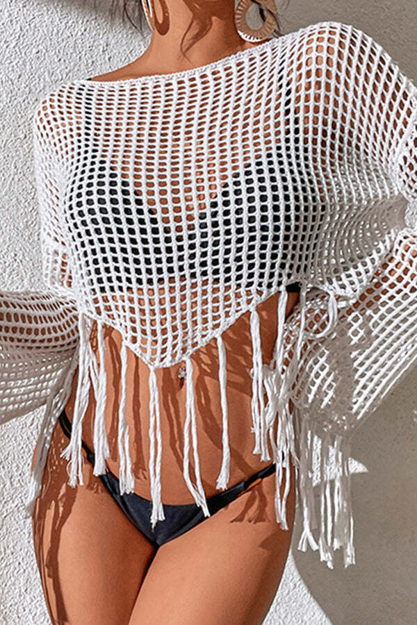 Round Neck Cutout Knitted Long Sleeved Fringed Cover Up - Image 4