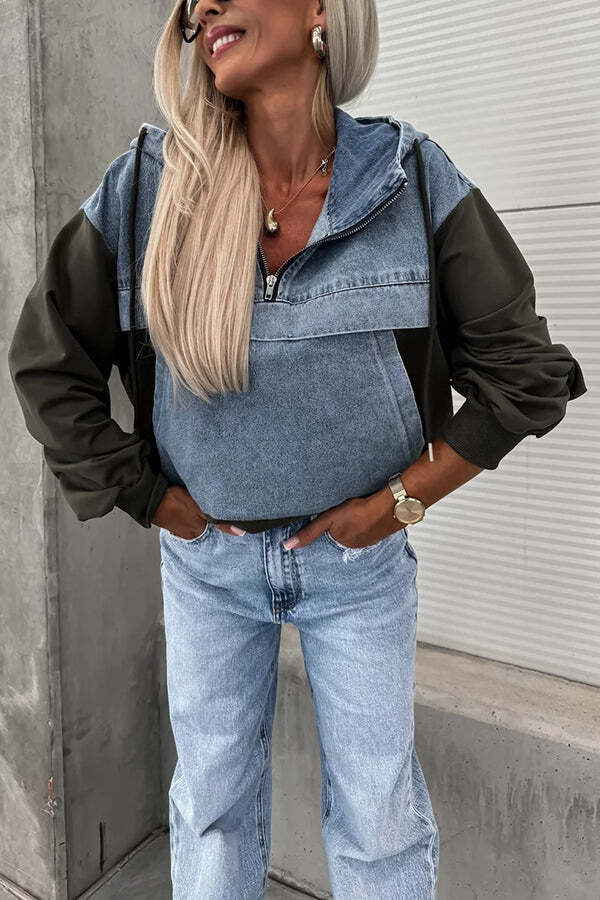 All The Time Denim Patchwork Soft Fabric Kangaroo Pocket Loose Hoodie - Image 3