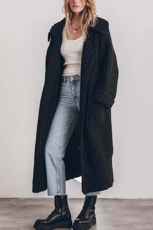 Chunky and Warm Knit Button Pocketed Oversized Midi Cardigan - Image 6