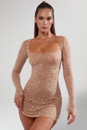 Sheer Embellished Long Sleeve Mini Dress