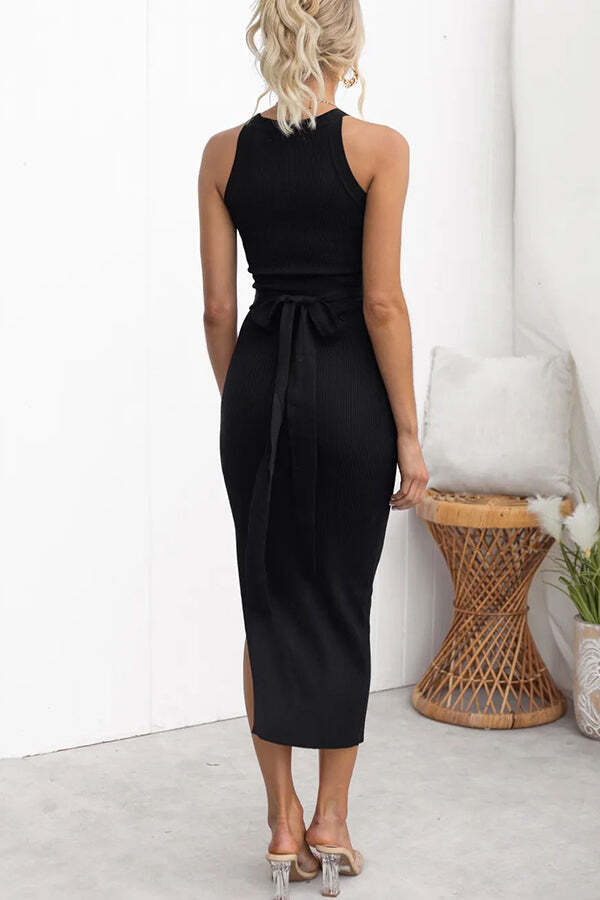 Serene Ribbed Knit Colorblock Back Tie-up Slit Stretch Midi Dress - Image 9