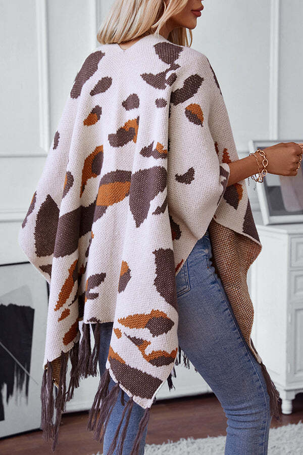 Fashionable Leopard Print Contrast Tassel Hem Loose Knitted Shawl - Image 10
