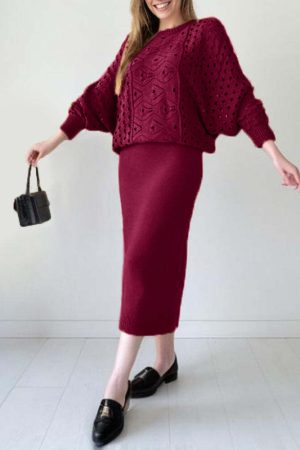 Bat Openwork Dress Casual Knitted Set