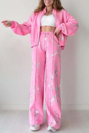 Sequin Printed Zipper Casual Sweatshirt Two-piece Set