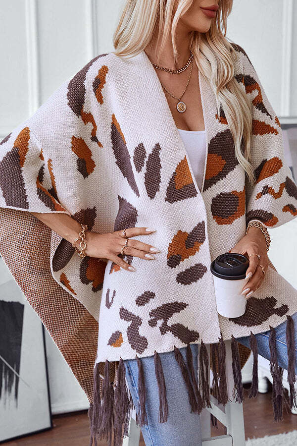 Fashionable Leopard Print Contrast Tassel Hem Loose Knitted Shawl - Image 5