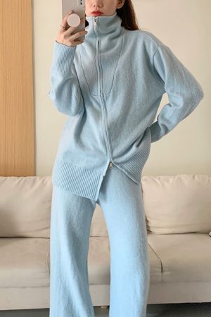 Lazy style knitted zipper lapel sweater cardigan + wide-leg pants