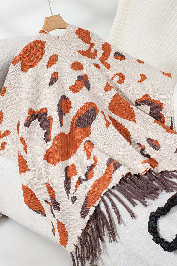 Fashionable Leopard Print Contrast Tassel Hem Loose Knitted Shawl - Image 11